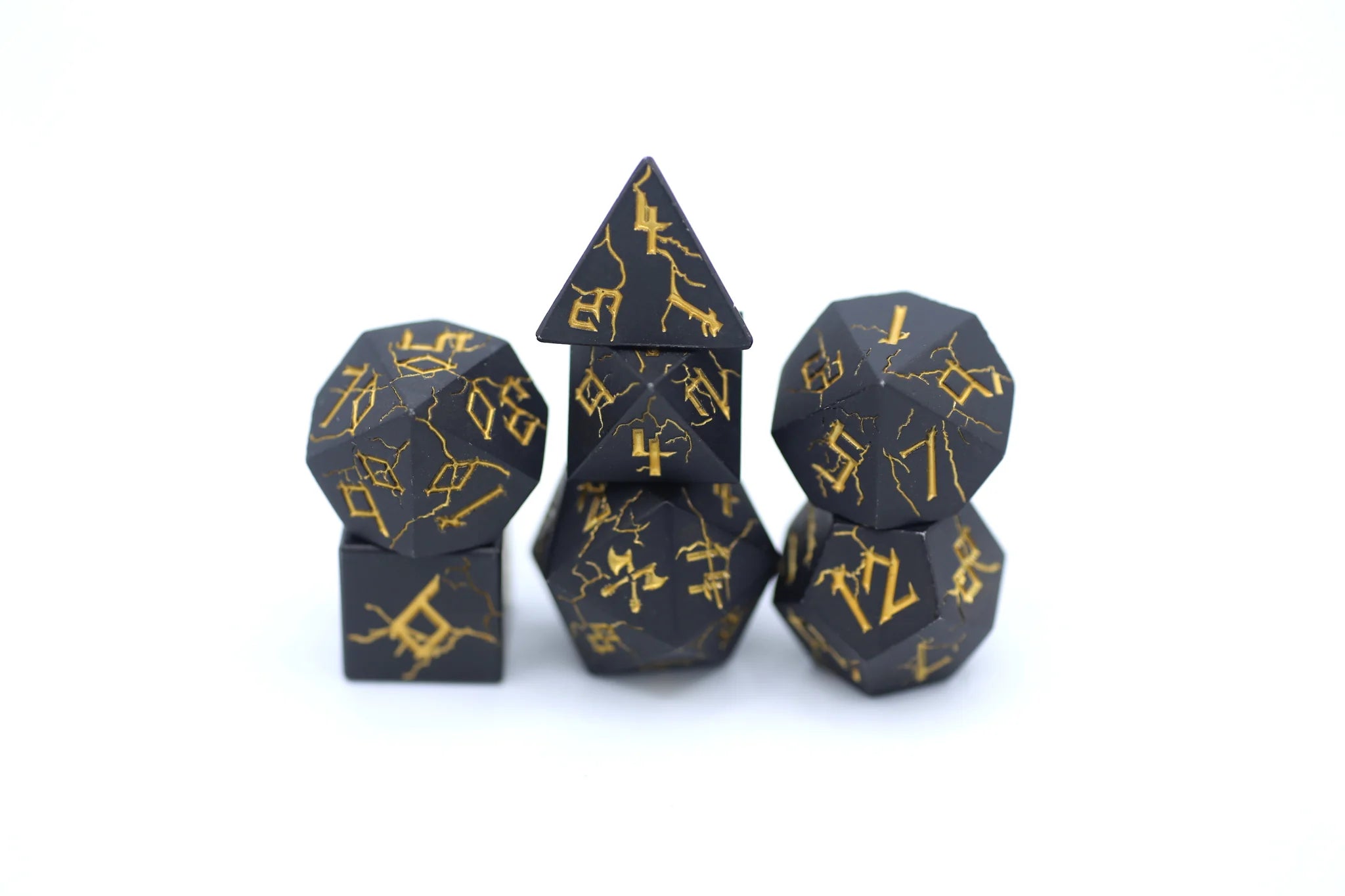 Barbarian Solid Metal Poly Dice Set- Matt Black w/ Gold