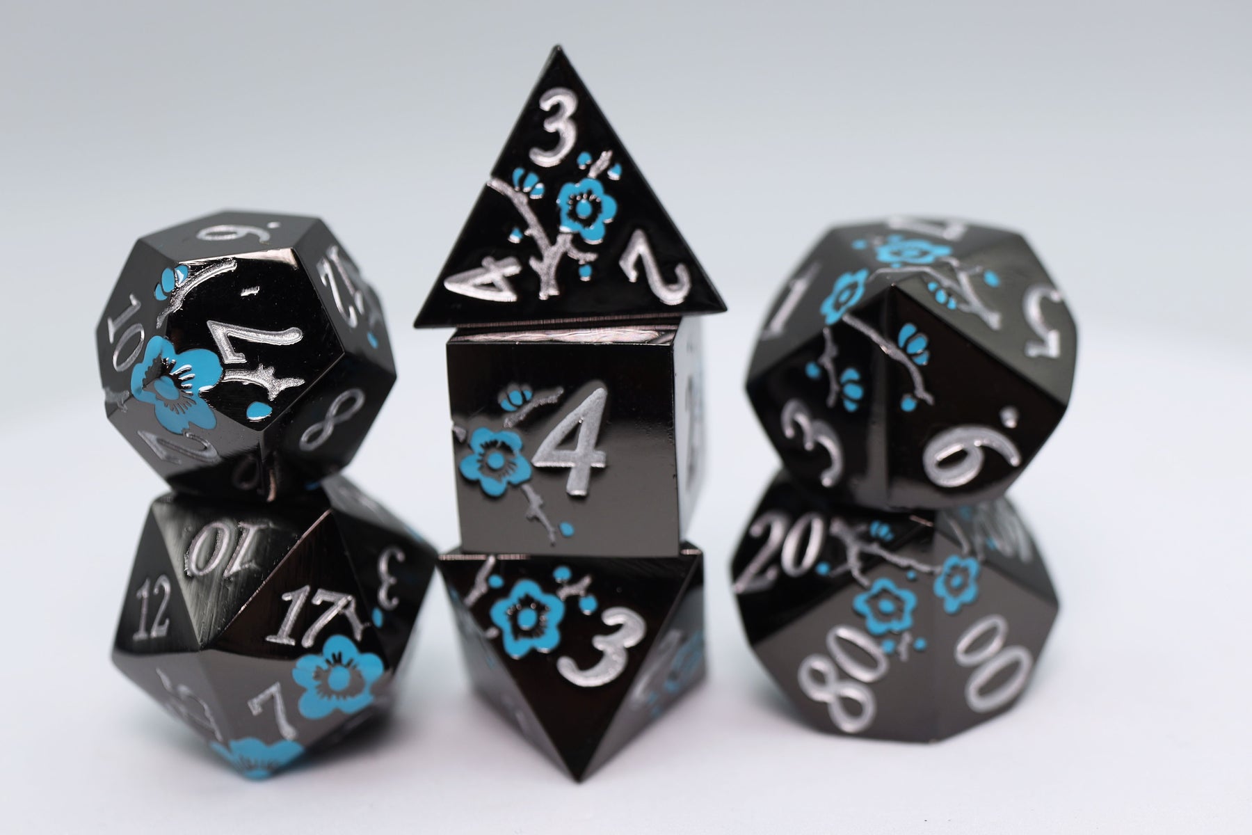 Black w/ Blue Orchids RPG Metal Dice Set