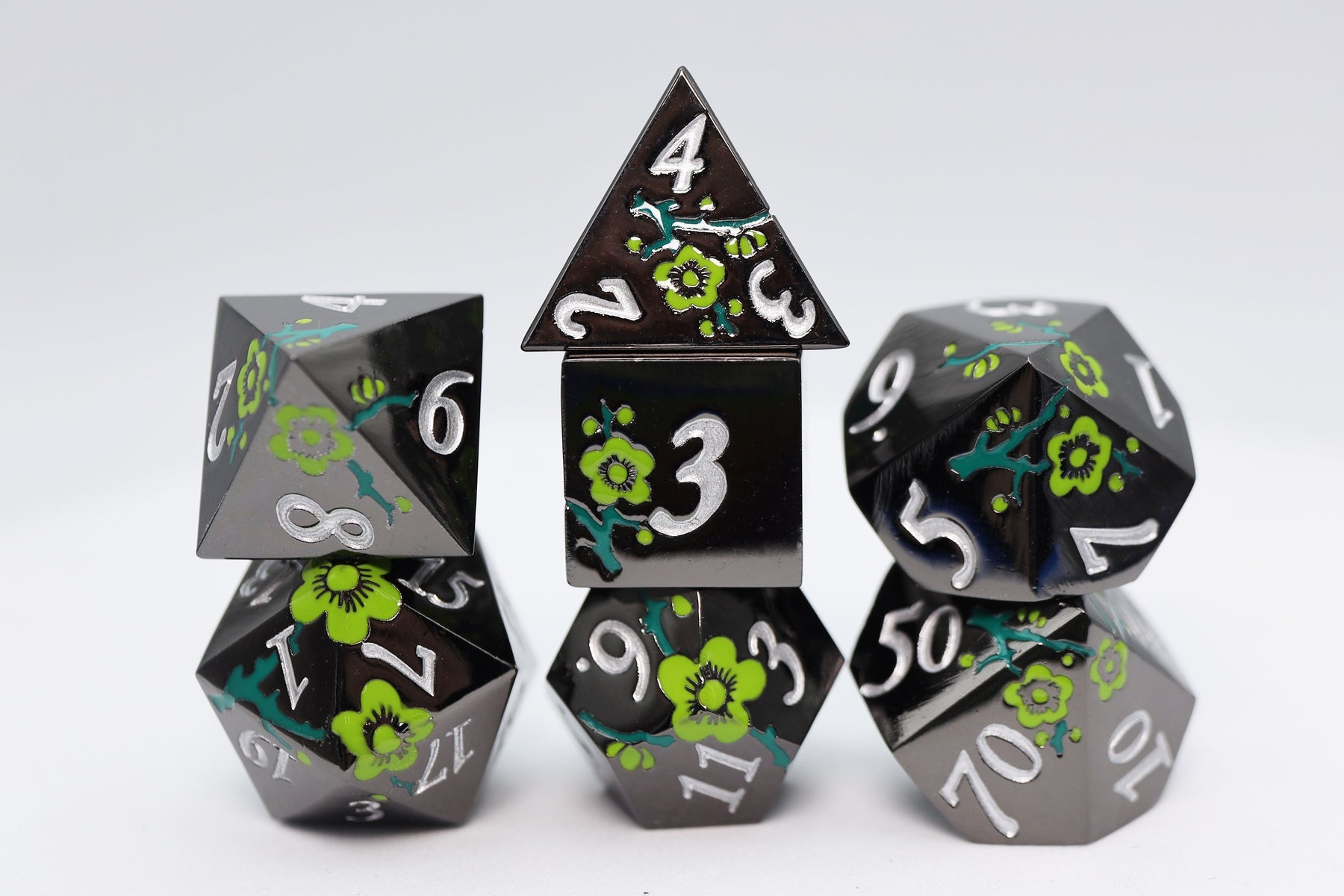 Black w/ Green Orchids RPG Metal Dice Set