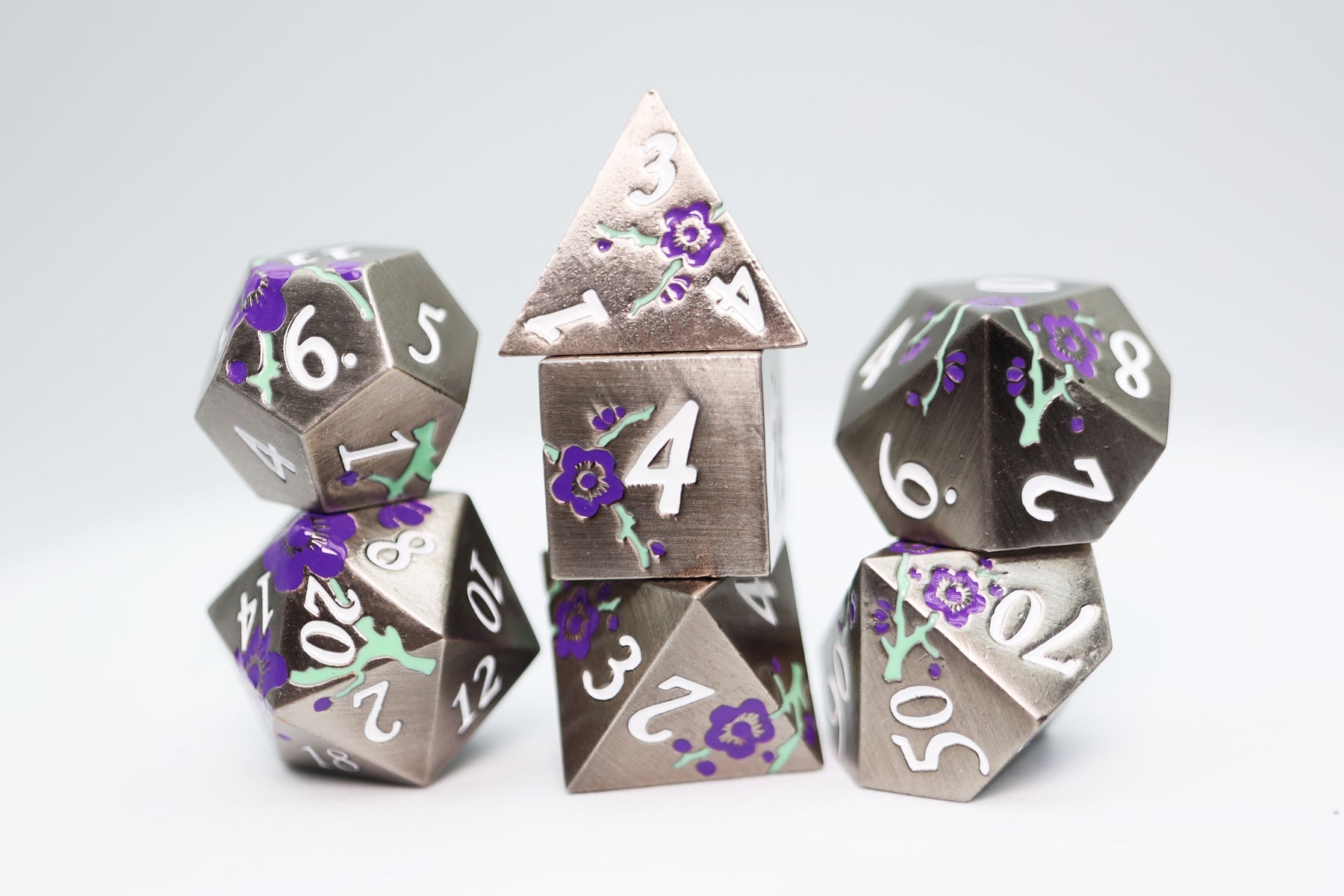 Silver w/ Purple Orchids RPG Metal Dice Set